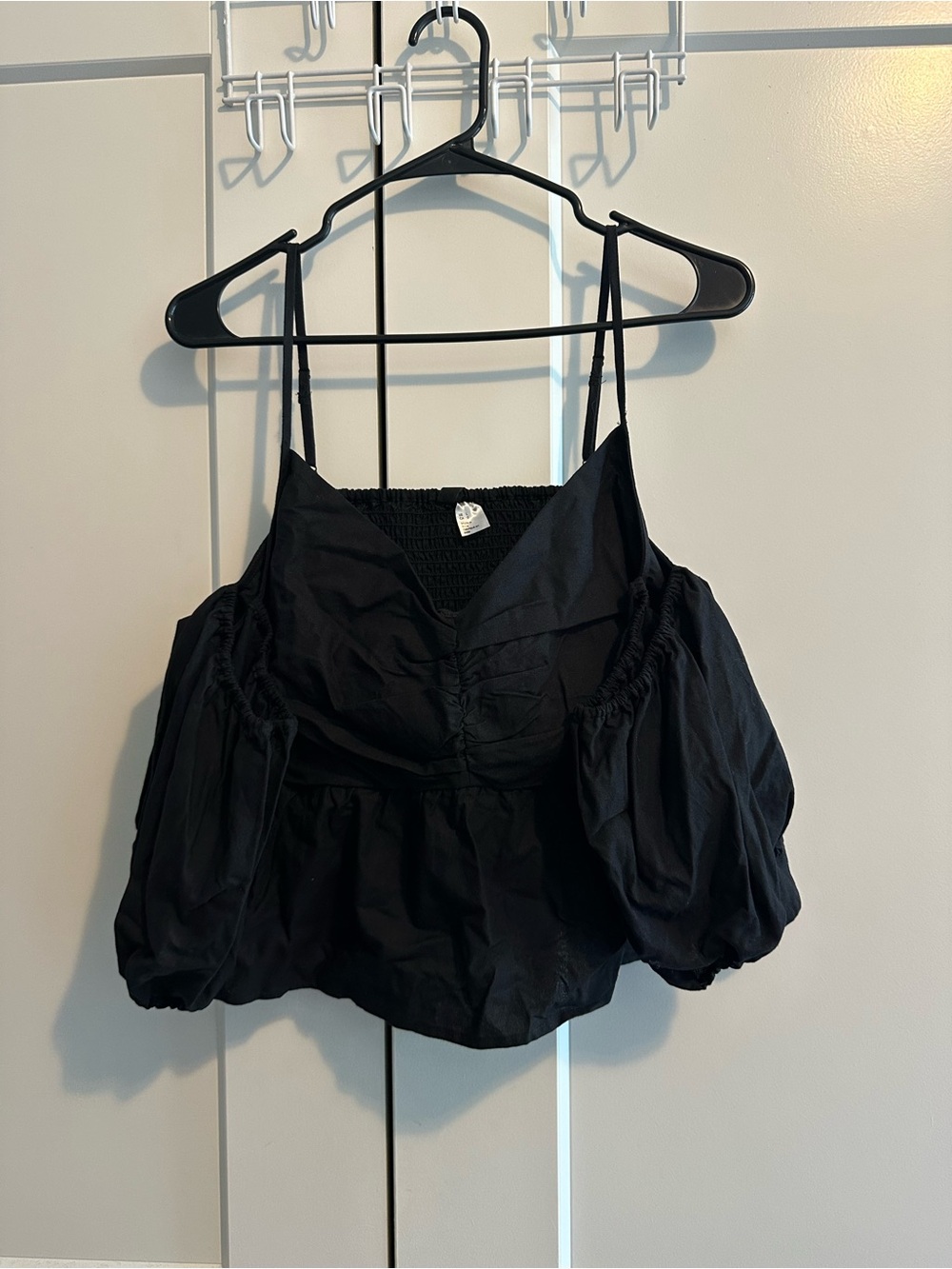 H&M Black Ruched Puff-Sleeve Spaghetti Strap Crop Camisole